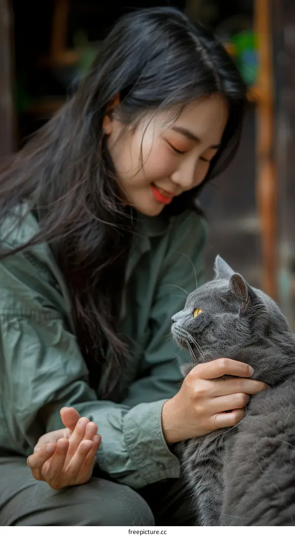 A young woman is petting a gray cat