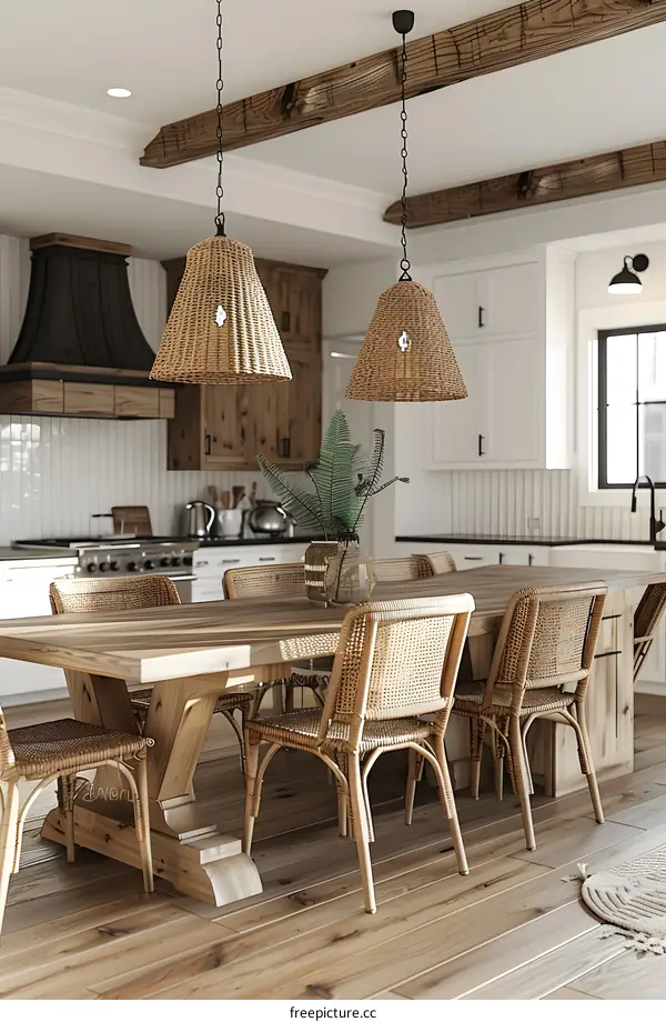 A Farmhouse Dining Room With a Natural Wood Table and Wicker Chairs