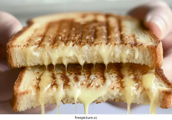 A grilled cheese sandwich being pulled apart, with melted cheese gooey and stretchy