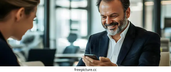 Businessman Smiling While Looking at His Smartphone in a Meeting
