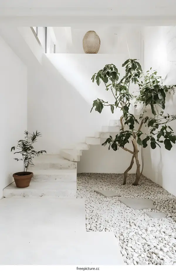 Minimalist White Interior Design with Concrete Stairs and Greenery