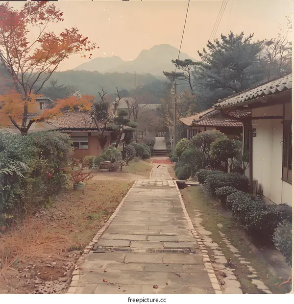 A stone path through a small village in autumn