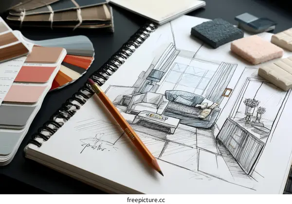 Interior Design Sketch with Color Palette