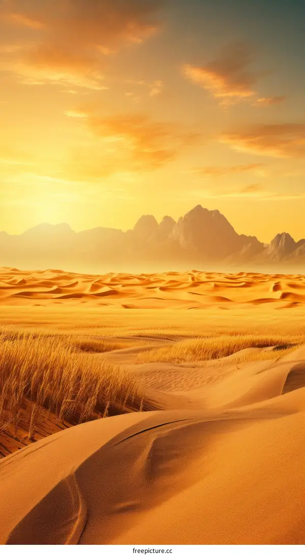 A vast desert landscape with rolling sand dunes and a setting sun