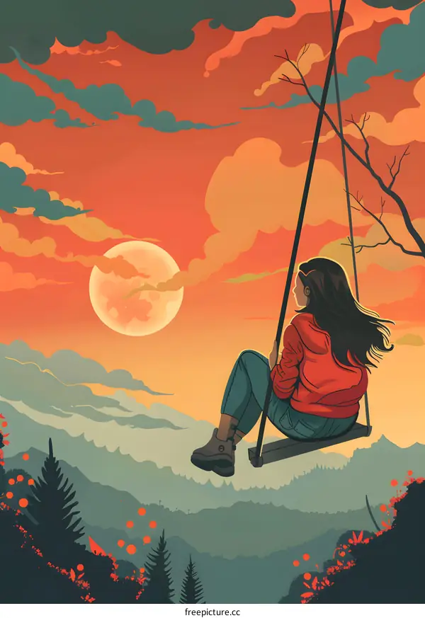 Woman Sitting on a Swing Looking at Sunset Over Mountains