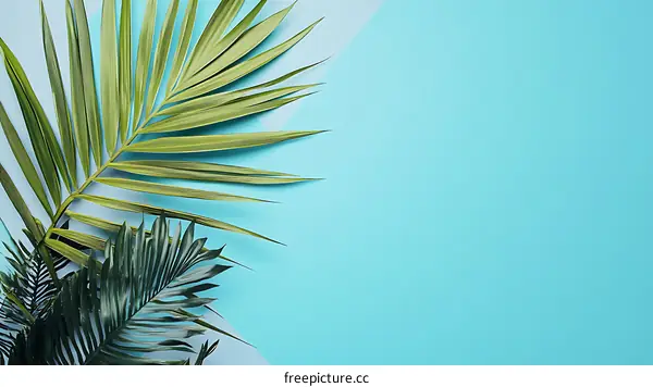 Tropical Palm Leaves on Blue Background