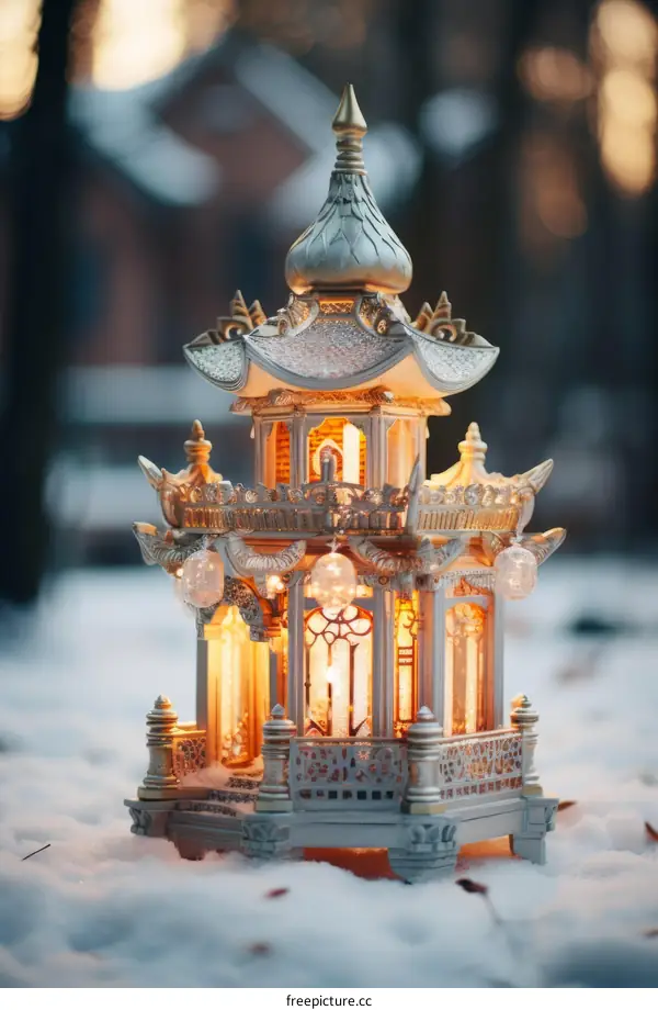 A snow-covered pagoda in winter