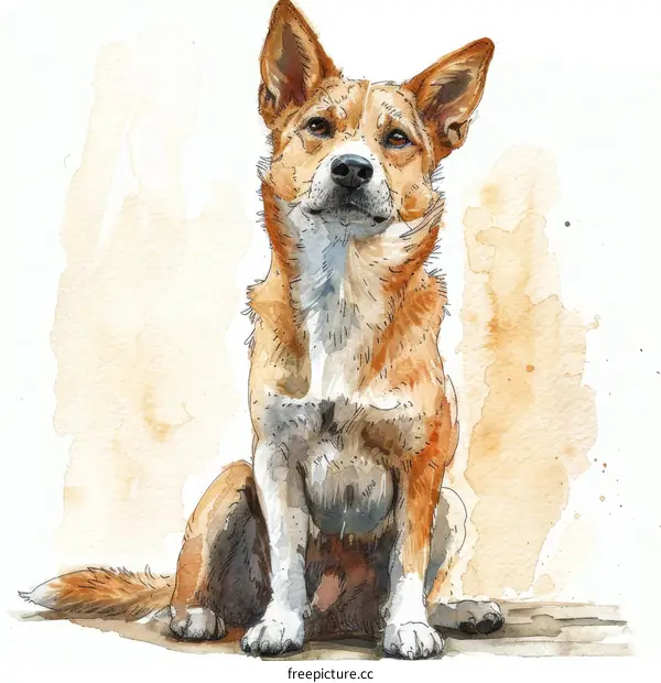 Watercolor painting of a brown and white dog