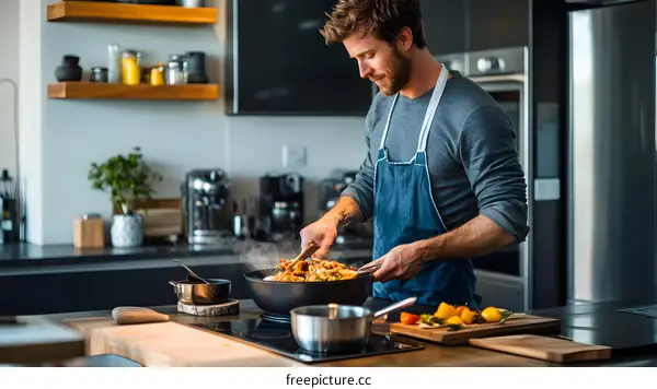 Man Cooking Food In Modern Kitchen