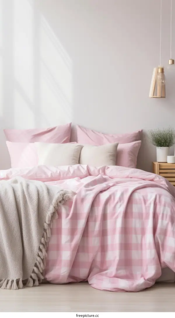 Elegant pink and white gingham bedding in cozy bedroom interior