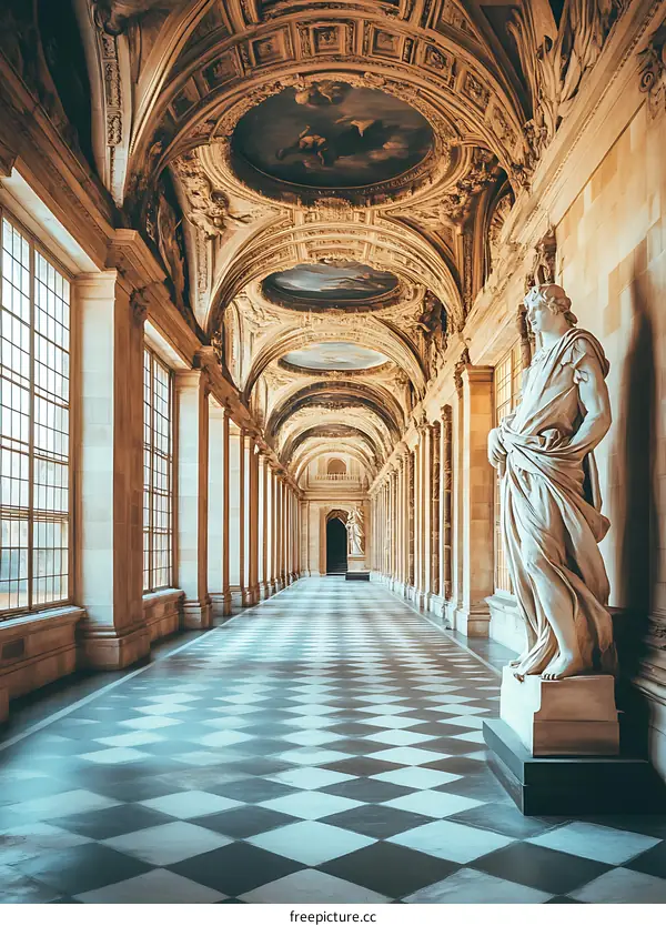 Elegant Marble Hallway With Checkered Floor And Statue