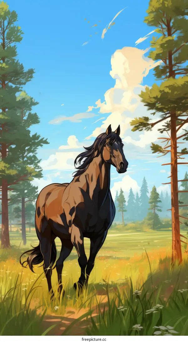 A beautiful brown horse stands in a lush green field surrounded by tall pine trees under a clear blue sky