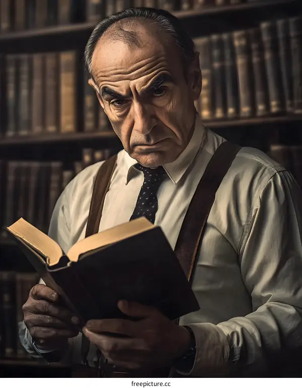 Senior Man Reading Book in Library