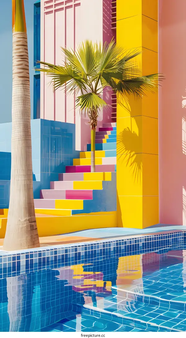 Colorful Geometric Building with Palm Tree and Swimming Pool