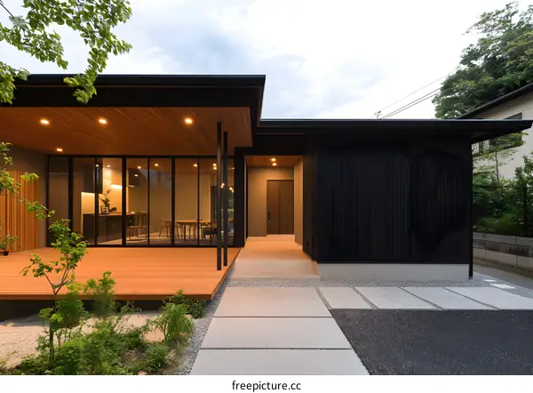 Modern Japanese Home with Wooden Deck and Stone Walkway