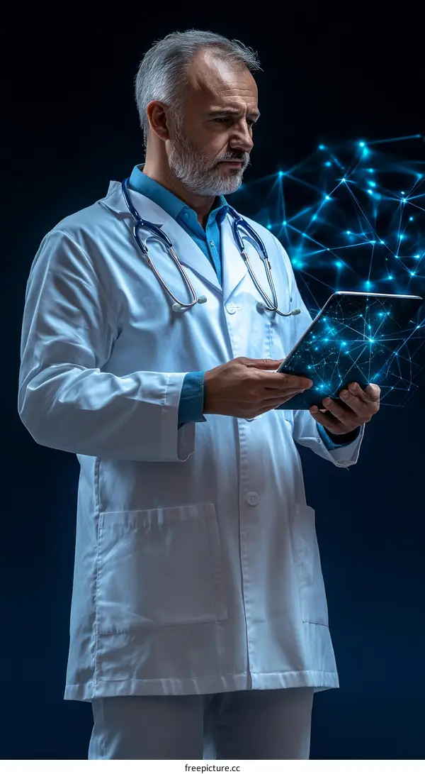 Senior Caucasian Doctor Examining Digital Medical Data