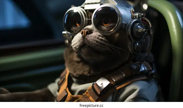 A cat wearing a飛行員帽盔駕駛飛機