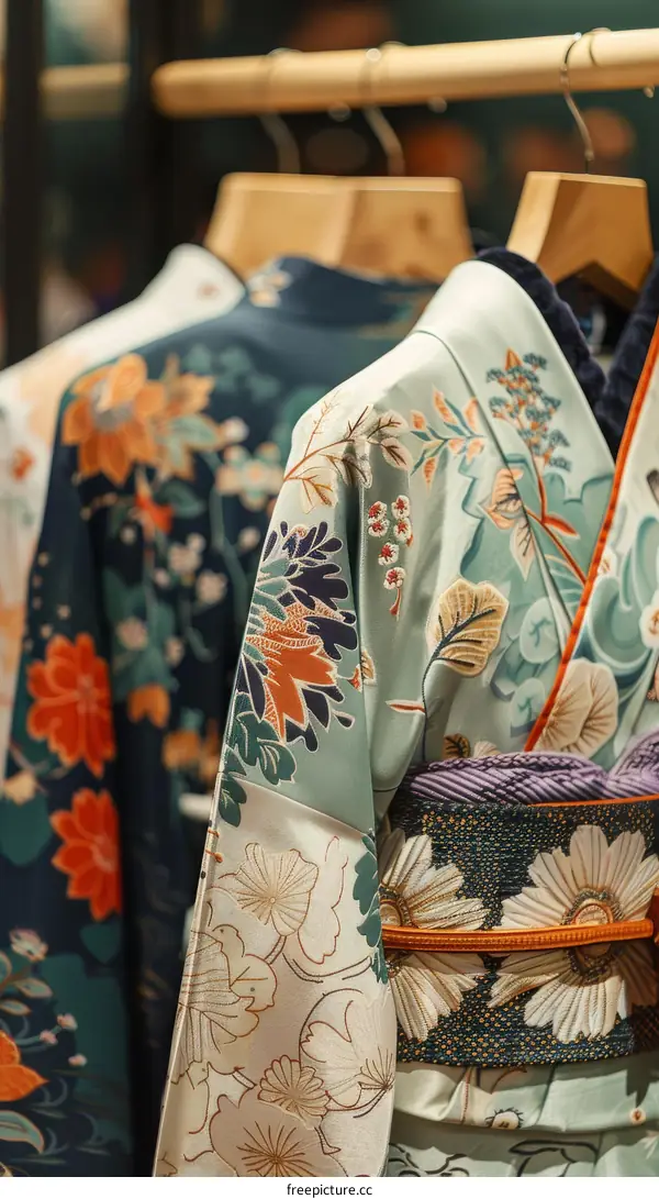 A rack of kimono with floral patterns.