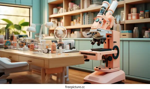 A pink microscope sits on a wooden table in a laboratory with a retro vibe.