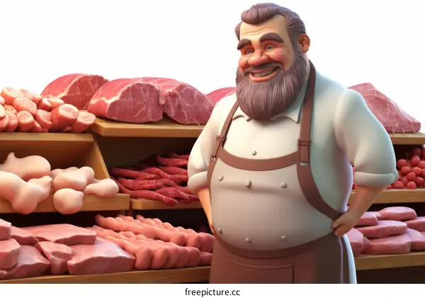 A butcher standing in front of a meat display case