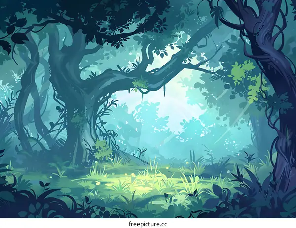 Green Forest Illustration With Sunbeams