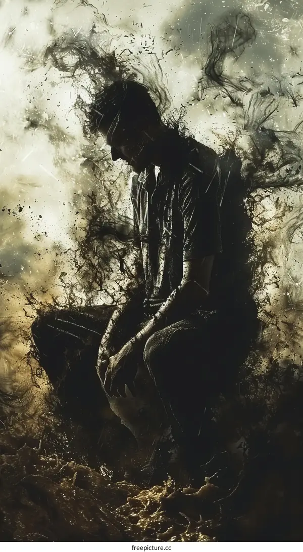 A dark figure with a glowing head sits on the ground