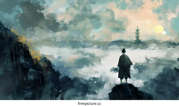 Man Looking Towards A Pagoda In The Mist