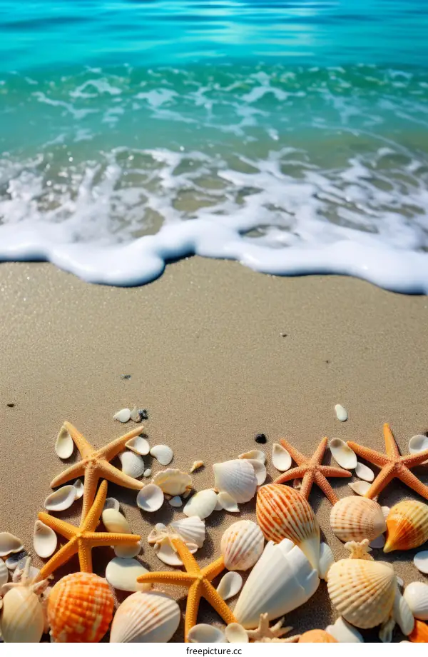 Beach with starfish and seashells