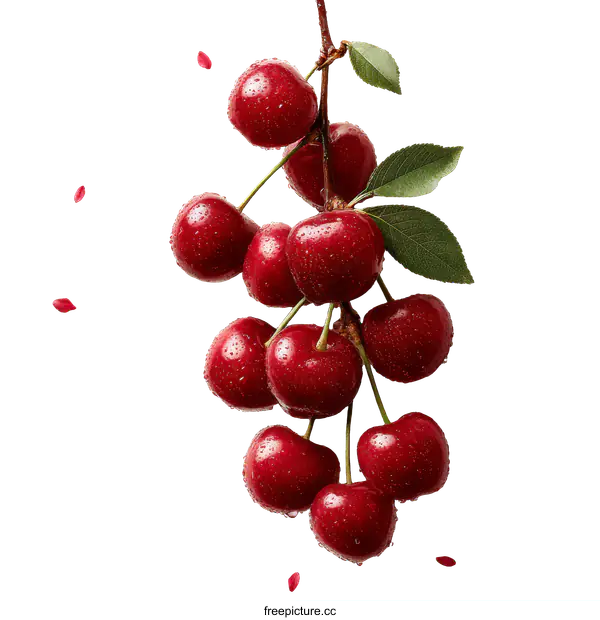 [Transparent Background PNG]Fresh Cherries with Water Drops on Branch