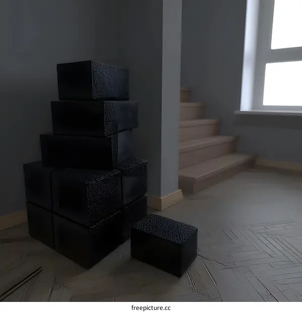 Black Cubes Stacked in an Empty Room with Stairs