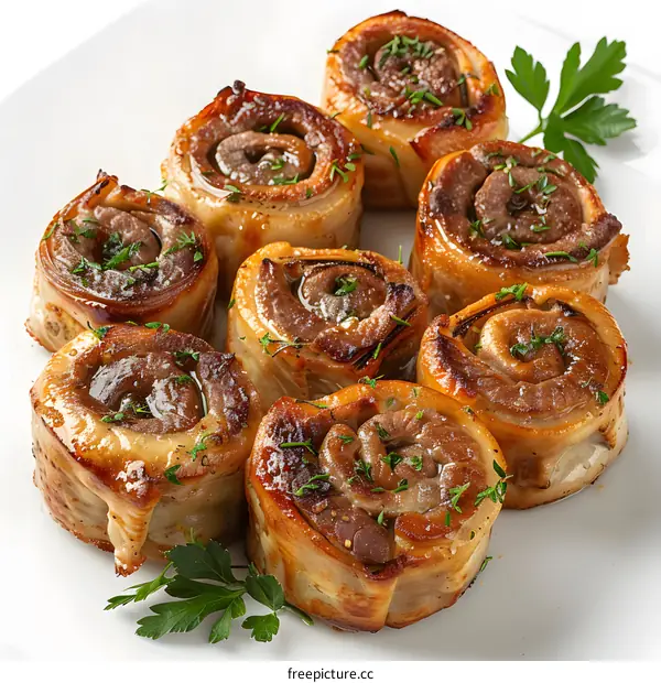 Delicious baked meat rolls on a white plate