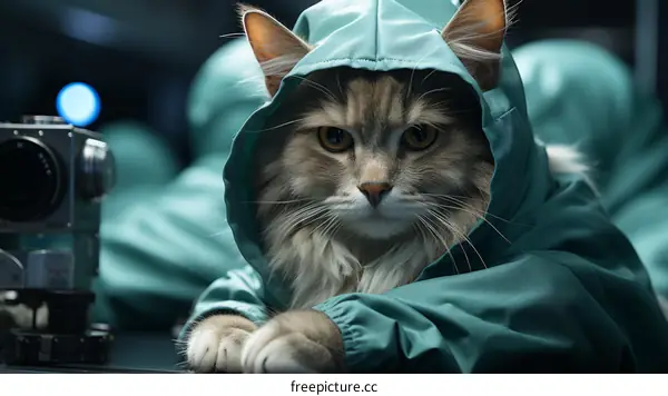 A cat wearing a green raincoat is sitting on a table