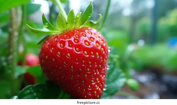 Close-up Photo of a Fresh Ripened Red Strawberry with Green Leaves