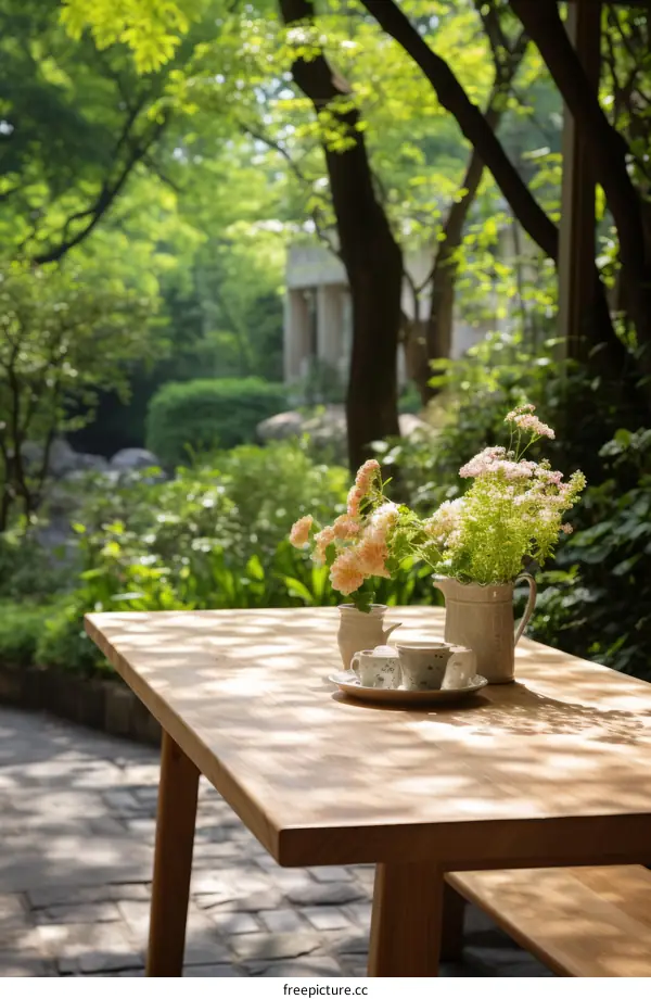A wooden table with a vase of flowers on it in a garden