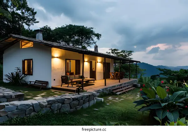 Modern White House With Porch And Stone Wall In The Mountains