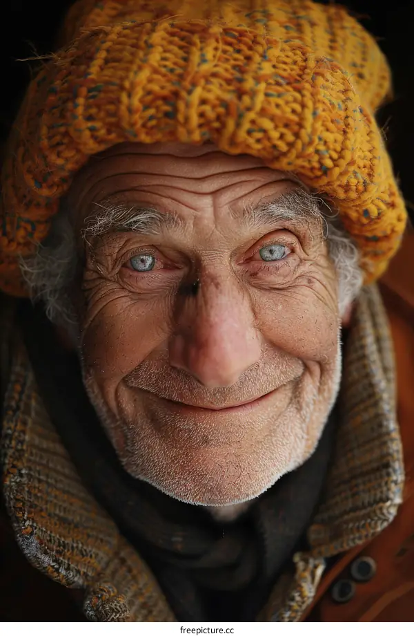Portrait of a Smiling Elderly Person Wearing a Knitted Hat