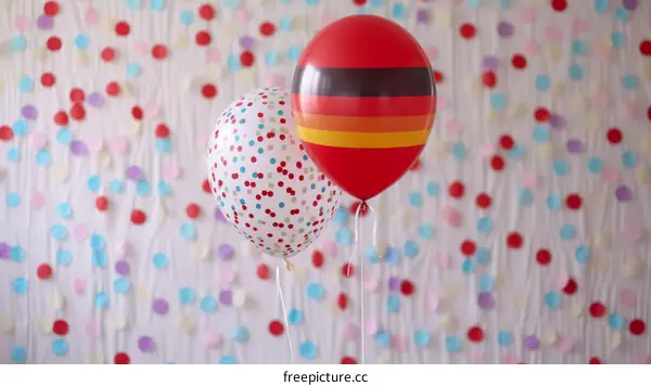 Two Polka Dot Balloons Floating by Confetti Wall
