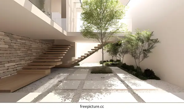 Modern Interior Design with Wooden Staircase and Greenery