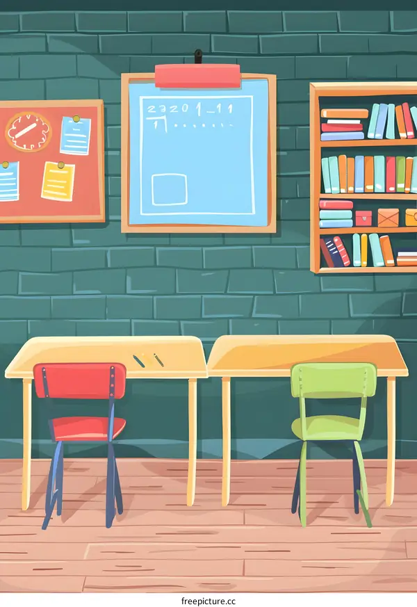 Empty Classroom Illustration with Desks, Chairs, Bookcase and a Bulletin Board