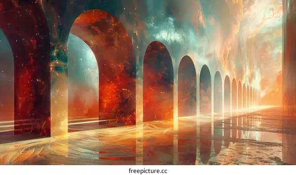 Glowing Archway Hallway: Surreal Digital Art