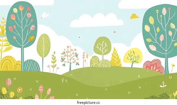 Springtime Landscape With Colorful Trees and Flowers