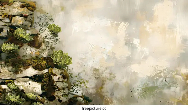 Stone Wall With Green Succulents and Moss