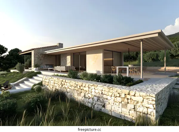 Modern Stone House with Outdoor Patio and Pool