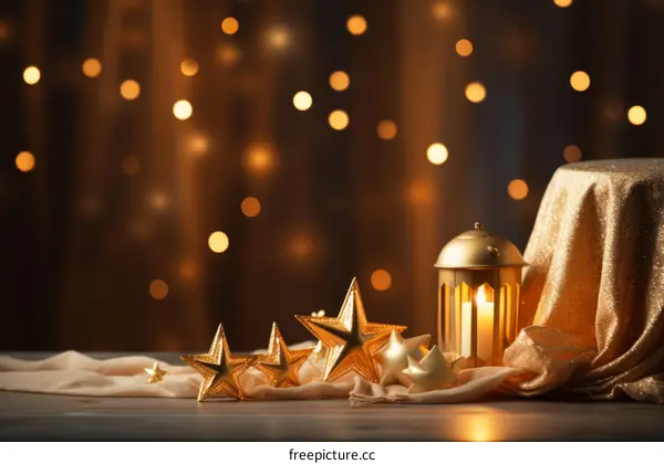 Golden stars and lantern on a table with a blurred background of lights