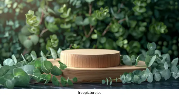 Natural Wood Product Display Backdrop with Blurred Foliage Background