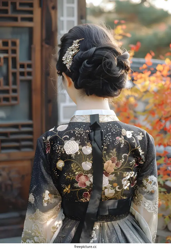 A woman wearing a hanbok, a traditional Korean dress, with a beautiful hair bun and a hairpin.