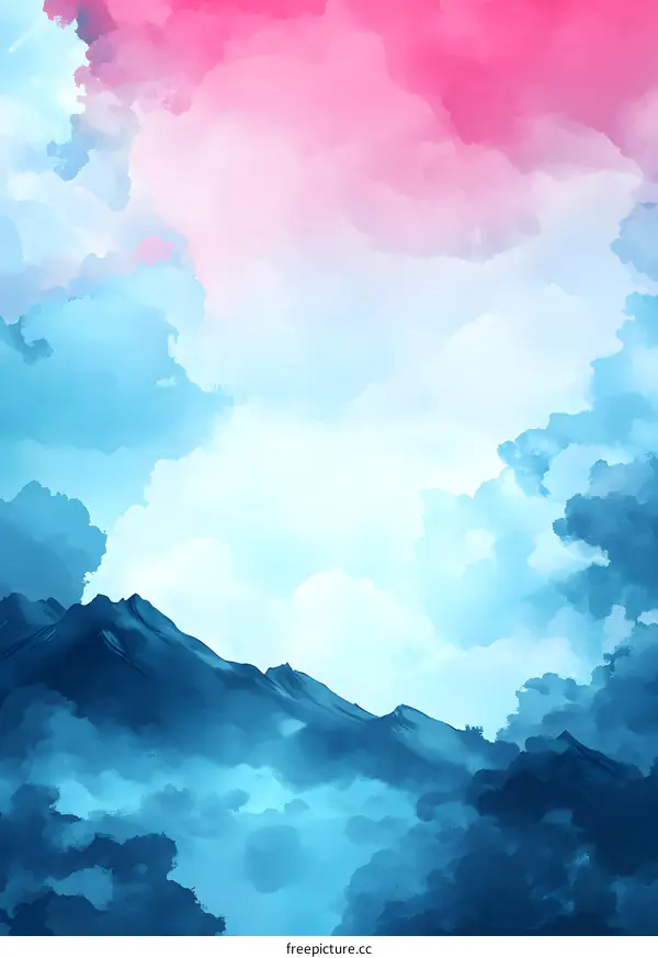 Abstract Watercolor Mountain Landscape with Blue and Pink Clouds