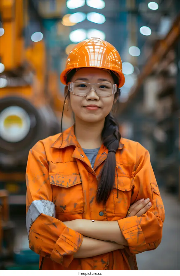 Portrait of a female factory worker wearing a hard hat and safety glasses