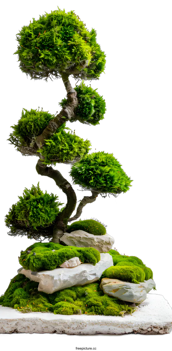 [Transparent Background PNG]Bonsai Tree with Green Moss and Rocks