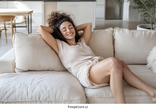 Relaxing Woman on a Beige Sofa